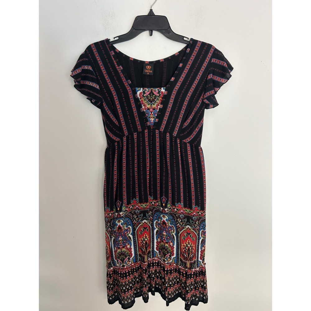 Neha Womens Boho Paisley Empire Waist Mini Dress Black Red Blue‎ Viscose Medium